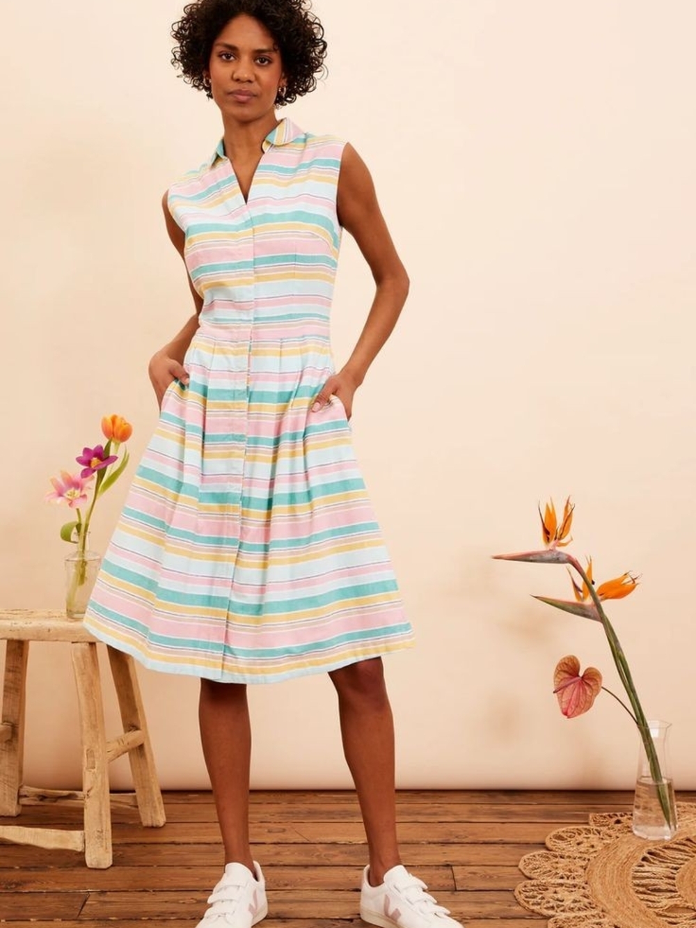 Sleeveless Pastel Stripe Cotton Dress - Pink/Blue/Yellow